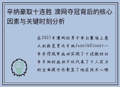 辛纳豪取十连胜 澳网夺冠背后的核心因素与关键时刻分析