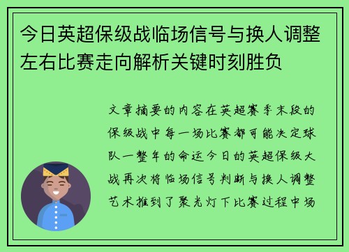 今日英超保级战临场信号与换人调整左右比赛走向解析关键时刻胜负 今日英超保级战临场信号与换人调整左右比赛走向解析关键时刻胜负
