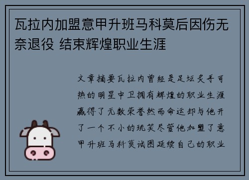 瓦拉内加盟意甲升班马科莫后因伤无奈退役 结束辉煌职业生涯